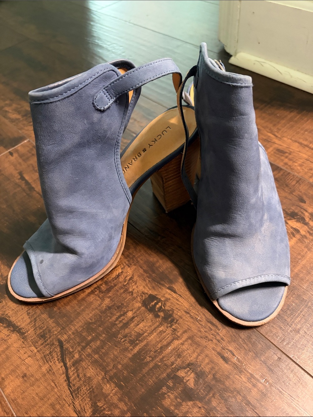 Lucky Brand Women's Open-Toe Suede Block Heel Boots — Dusty Blue